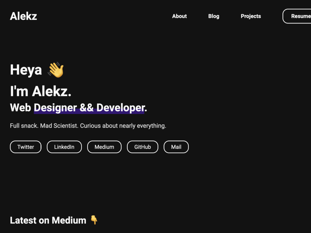 Screenshot of the dark mode "Devfolio" portfolio website, with a title in the top left, navigation in the top right, followed by a hero section with welcome text and social links
