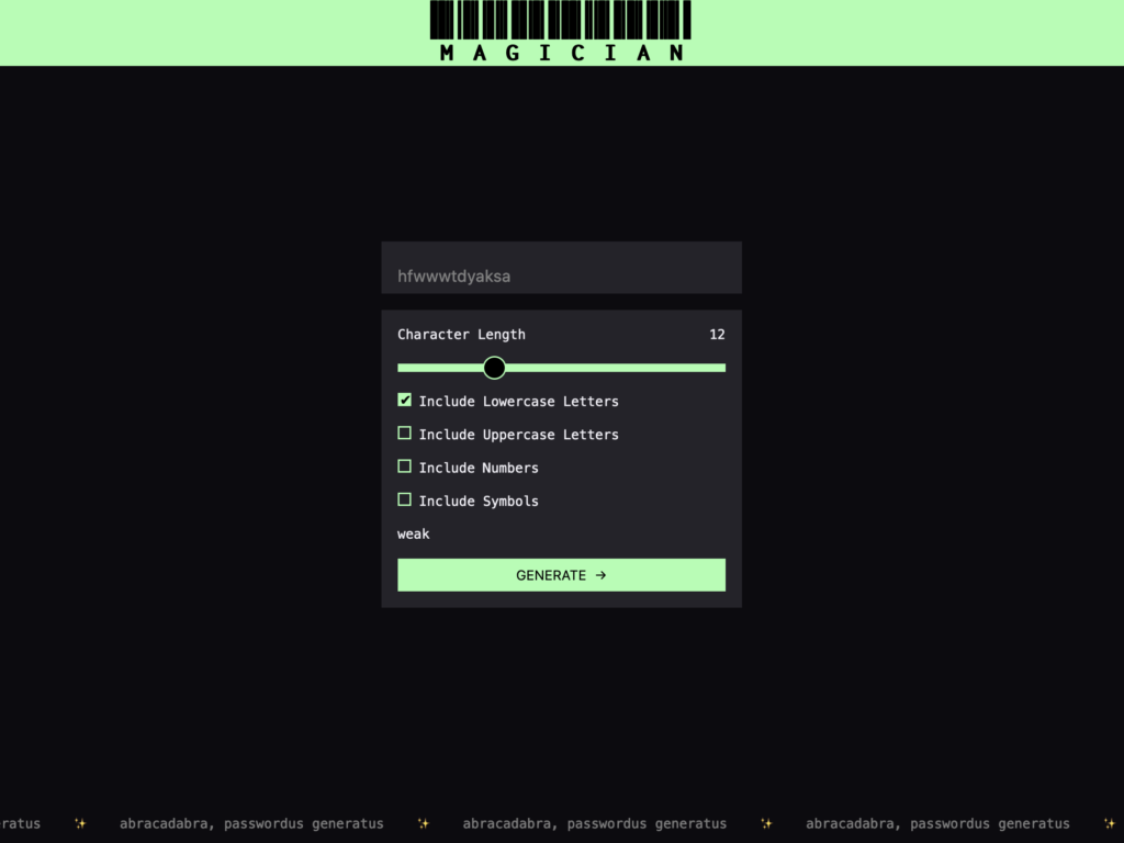 Screenshot of the "magician" password generator project, with a slider to choose character length and checkboxes to control the password complexity, followed by a button that generates a new password