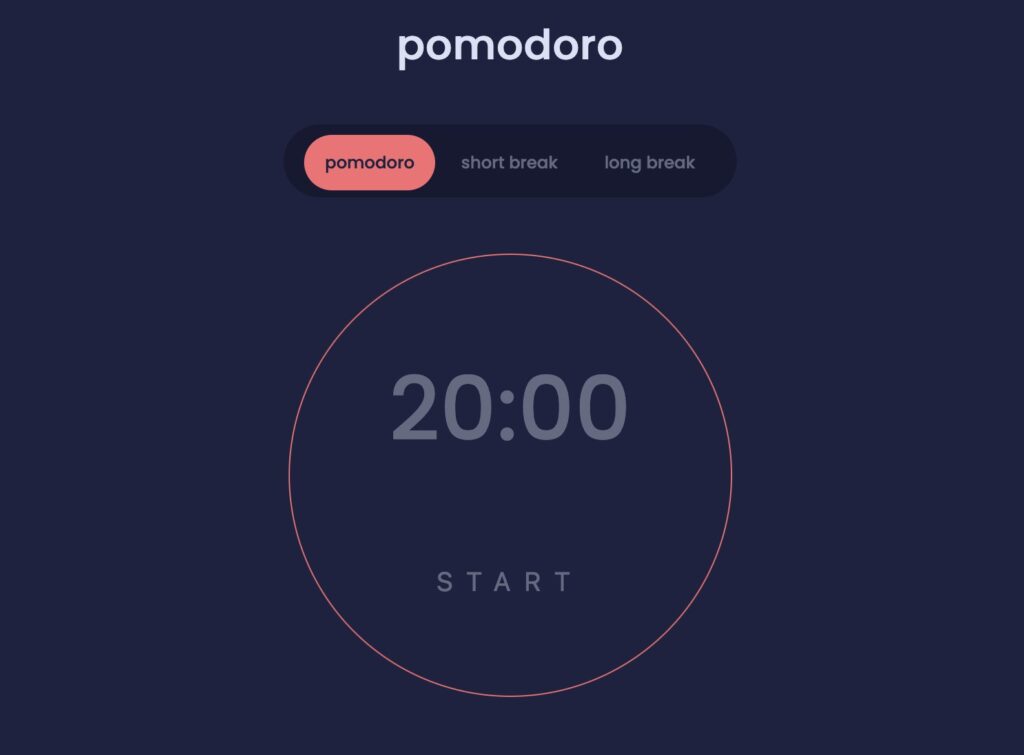 Screenshot of the "pomodoro timer" project, with a toggle button to choose the length of time, followed by a large circle enclosing the time remaining and a start/pause button