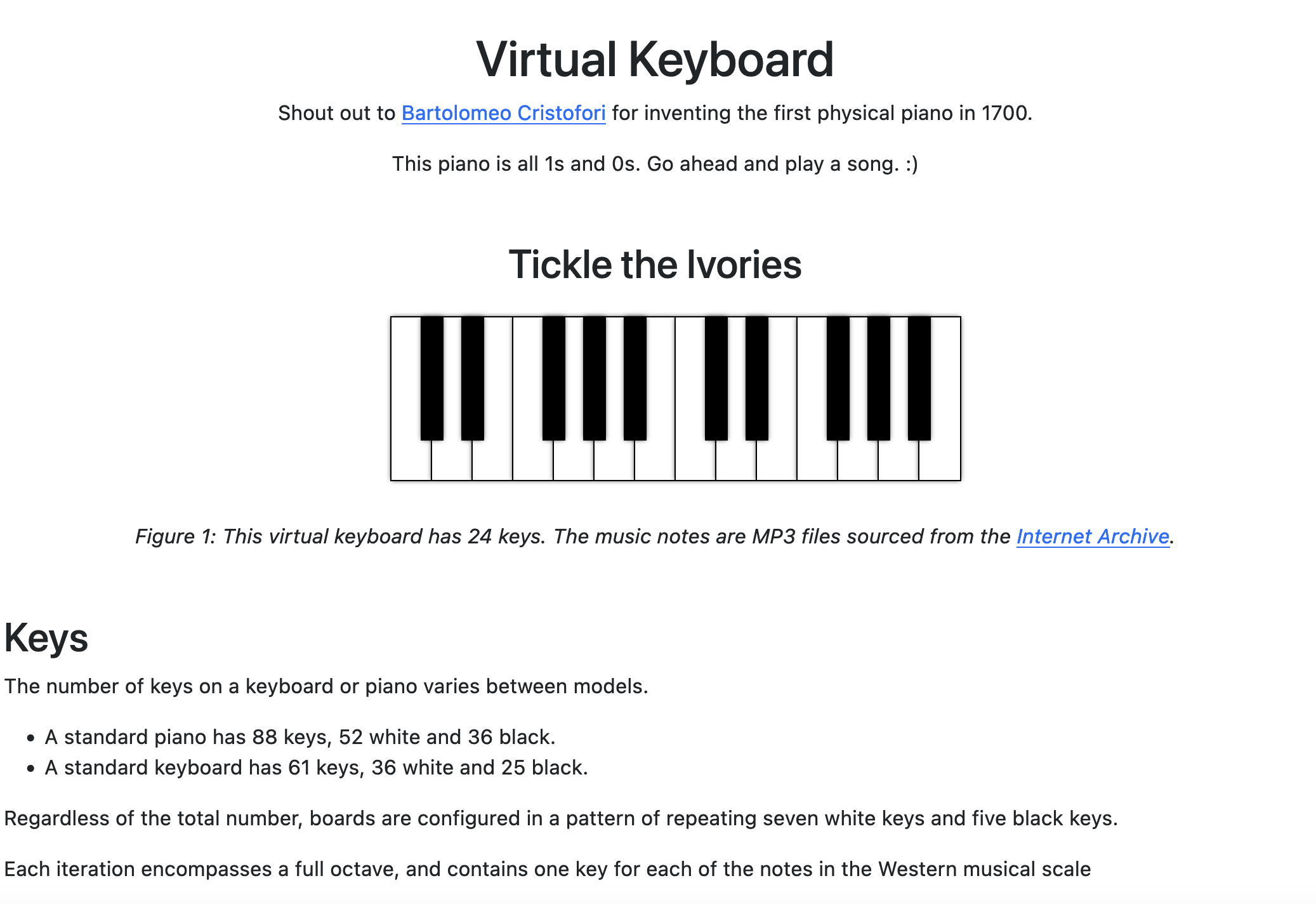 A screenshot of the "iVory" virtual piano project featuring an interactive on-screen piano keyboard