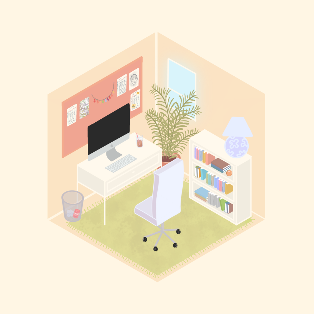 A digital illustration of a pastel-coloured isomorphic home office. The office features an iMac sitting on a small desk, a rolling office chair, a bulletin board with notes and artwork pinned, a bookshelf filled with books, and a large fern plant sitting on the floor next to a window. 